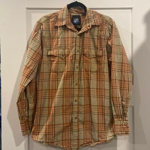 RU university fit medium 100% cotton, neutral plaid men's button-down pearl snap